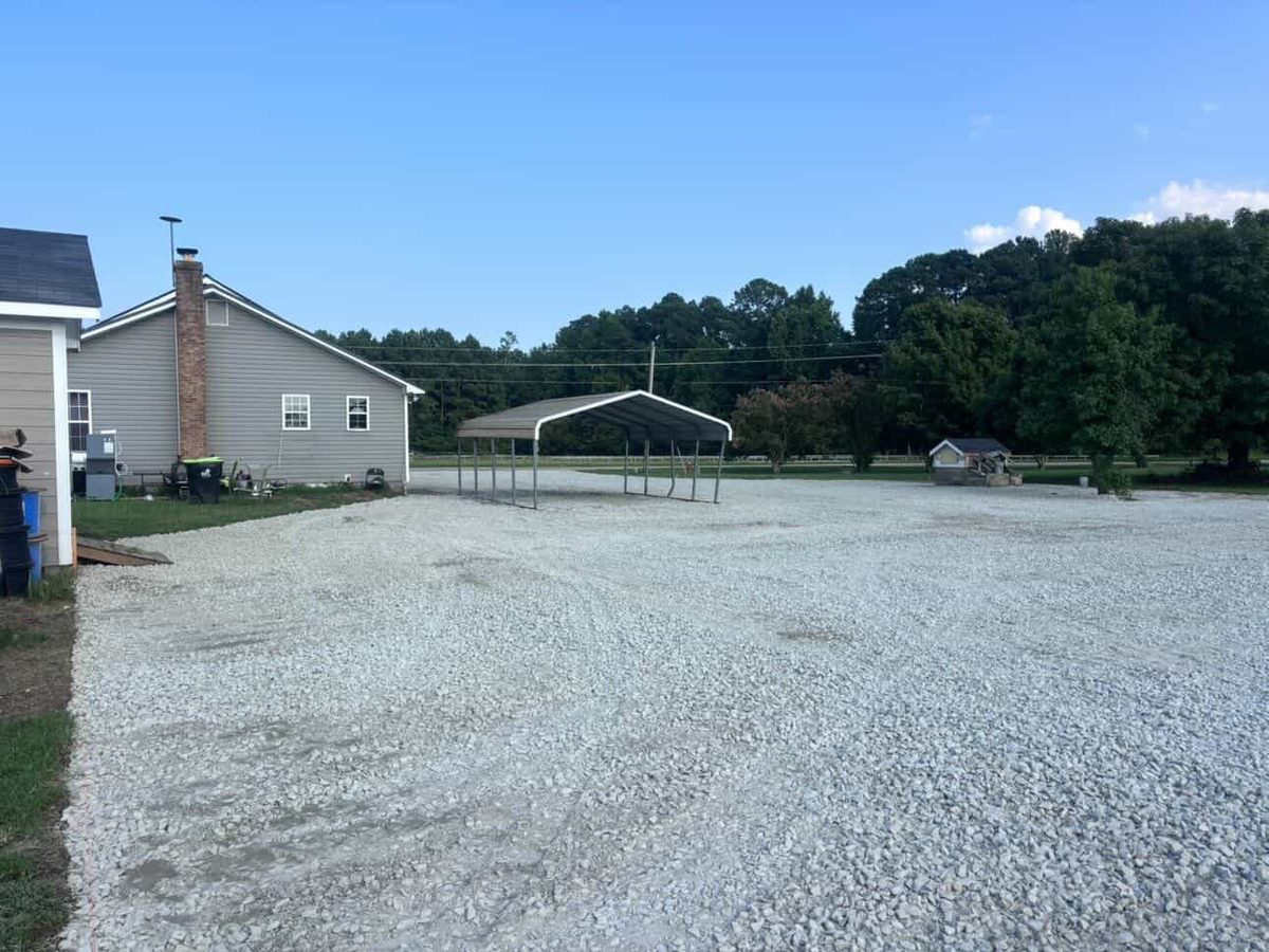 Finished white-gravel lot beside a home in Eastern North Carolina.